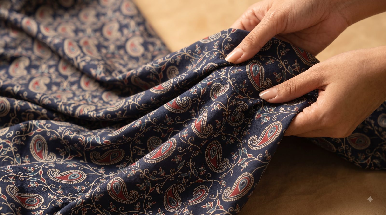 Printed cotton draped over a hand