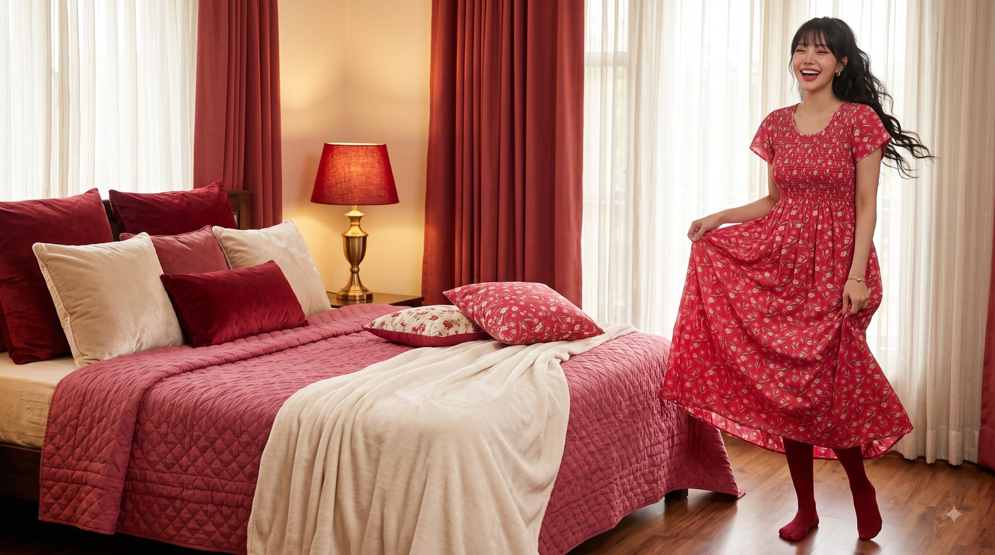 A model in a printed cotton nighty, at home