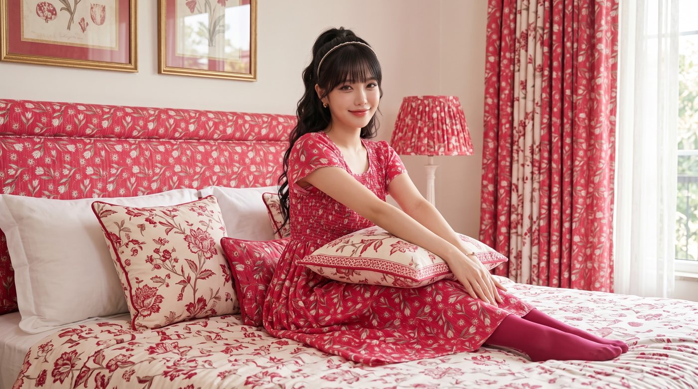 A model in a red floral smocked nighty, seated on a bed
