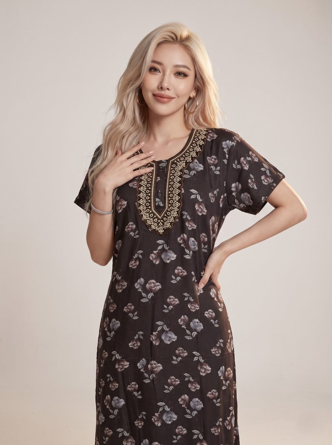 Bela Embroidered Nighty in Moonlit Black, photo 1