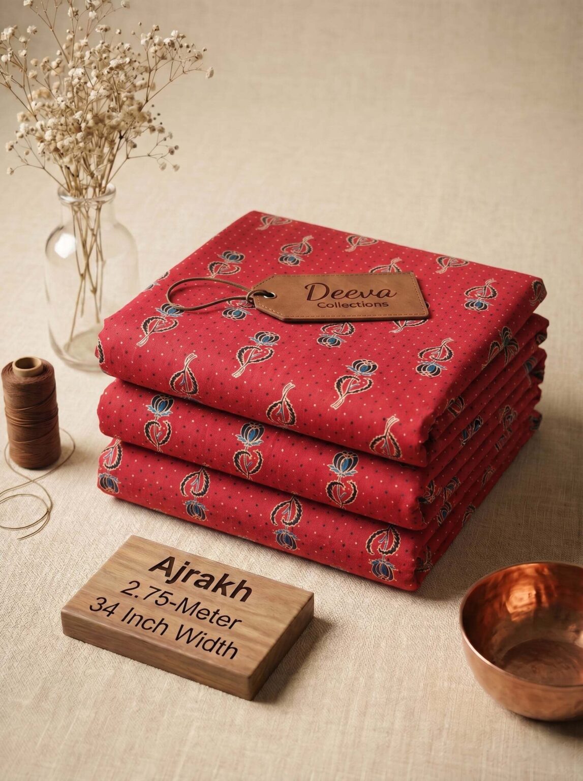 Boteh Ajrakh Cotton Fabric, 3 m in Pomegranate Red, photo 1