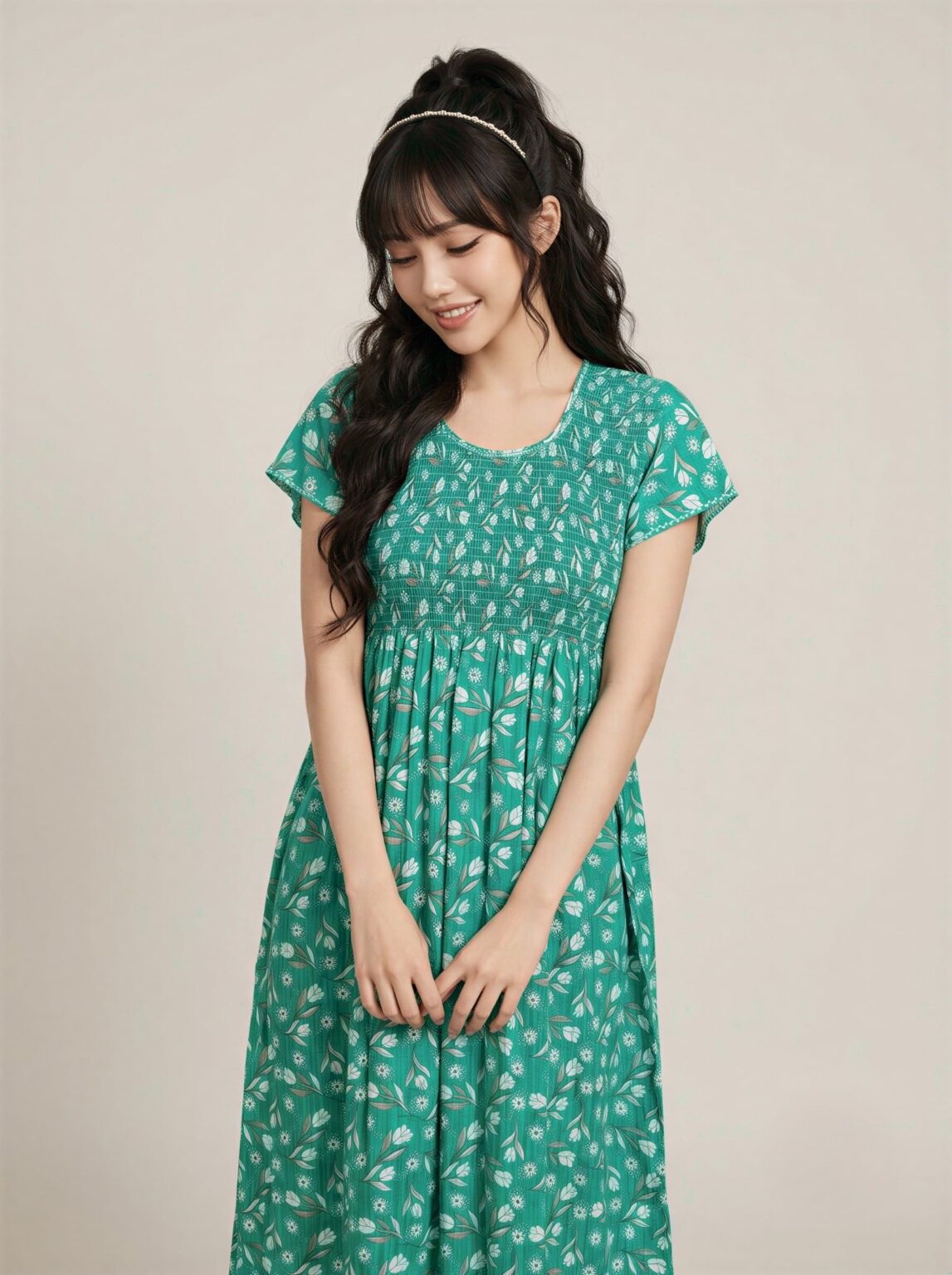 Confetti Smocked Cotton Nighty in Emerald Isle, photo 1