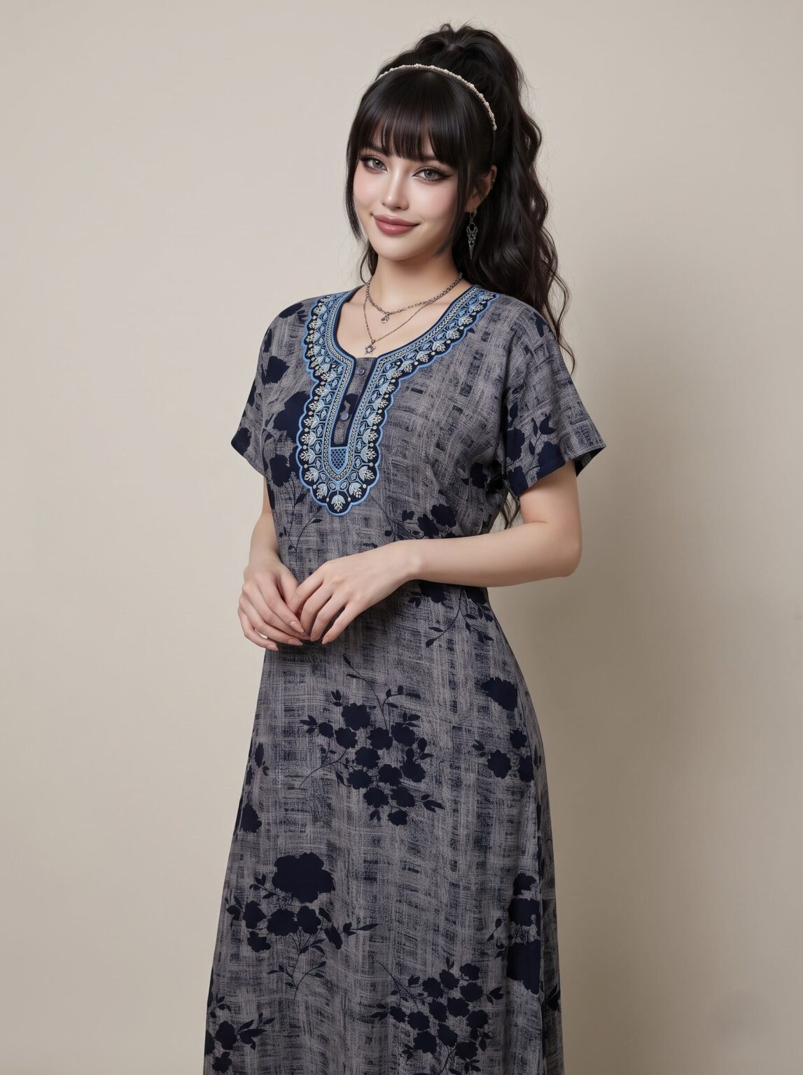 Dahlia Embroidered Nighty in Denim Dusk, photo 1