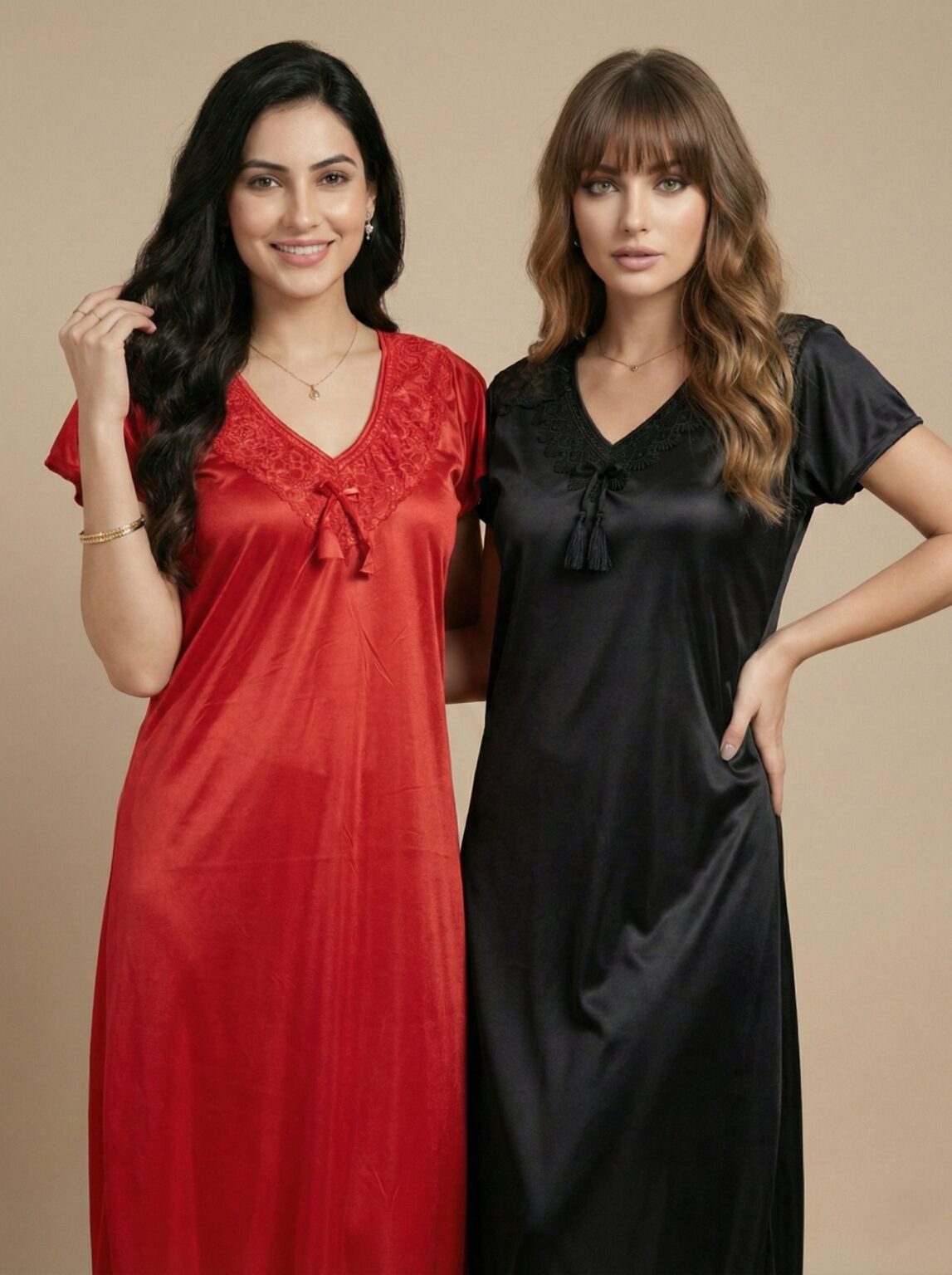 Duo Satin Nighty, Pack of 2 in Scarlet & Black, photo 1