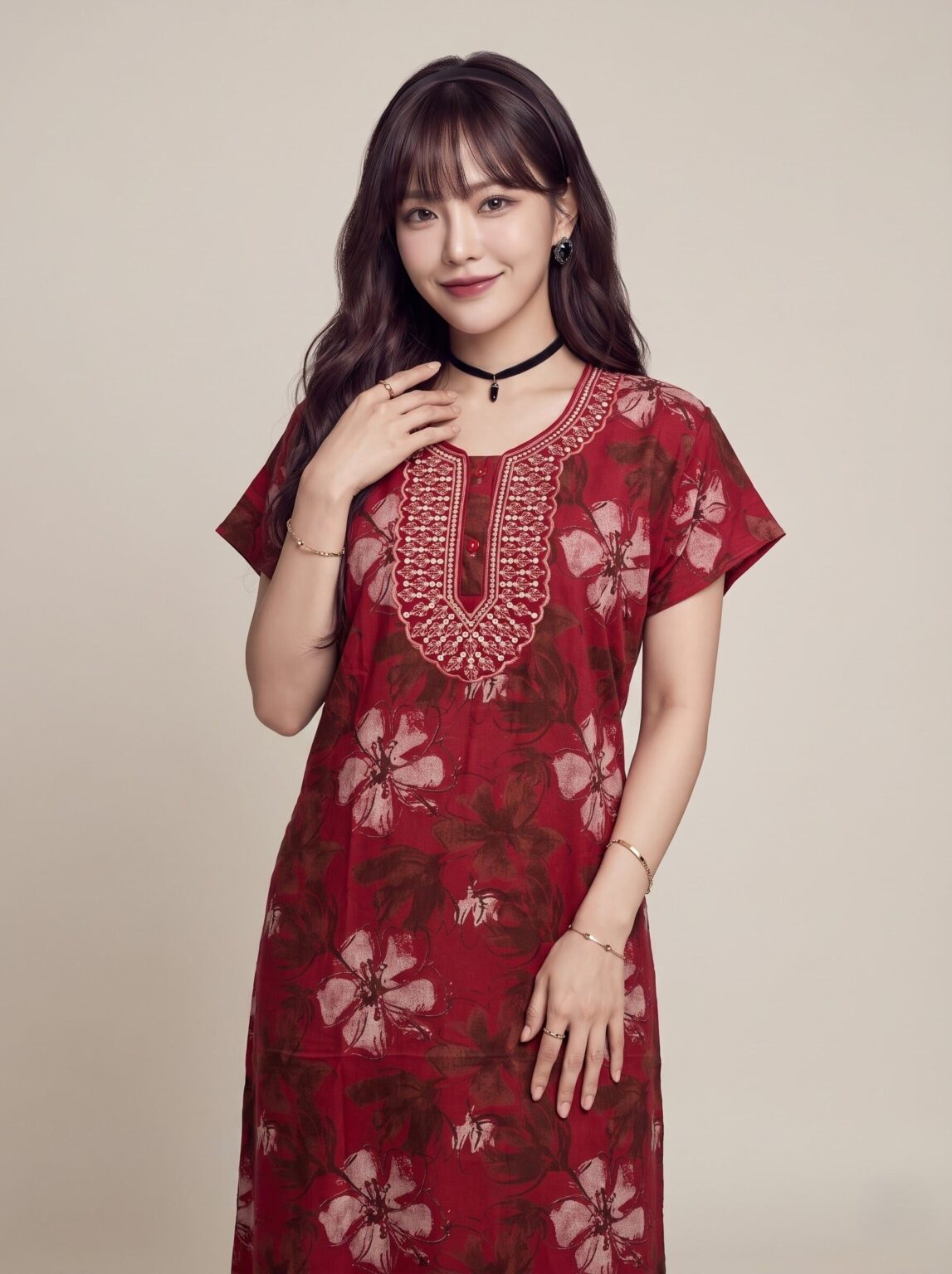 Hibiscus Embroidered Nighty in Pomegranate Red, photo 1
