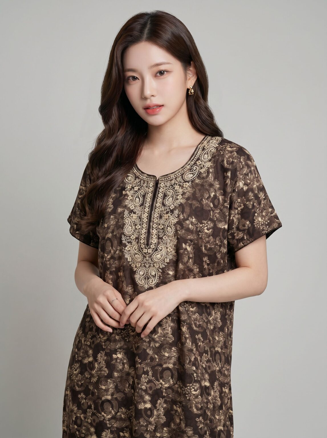 Kashmiri Embroidered Zip Nighty in Roasted Cocoa, photo 1