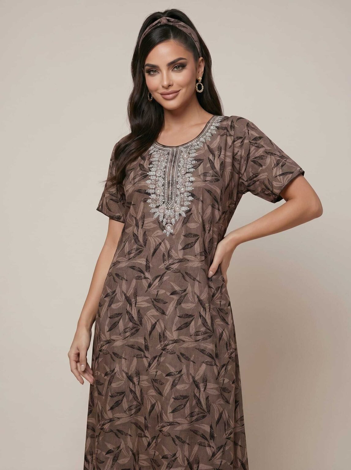 Leaf Bel Embroidered Zip Nighty in Roasted Cocoa, photo 1