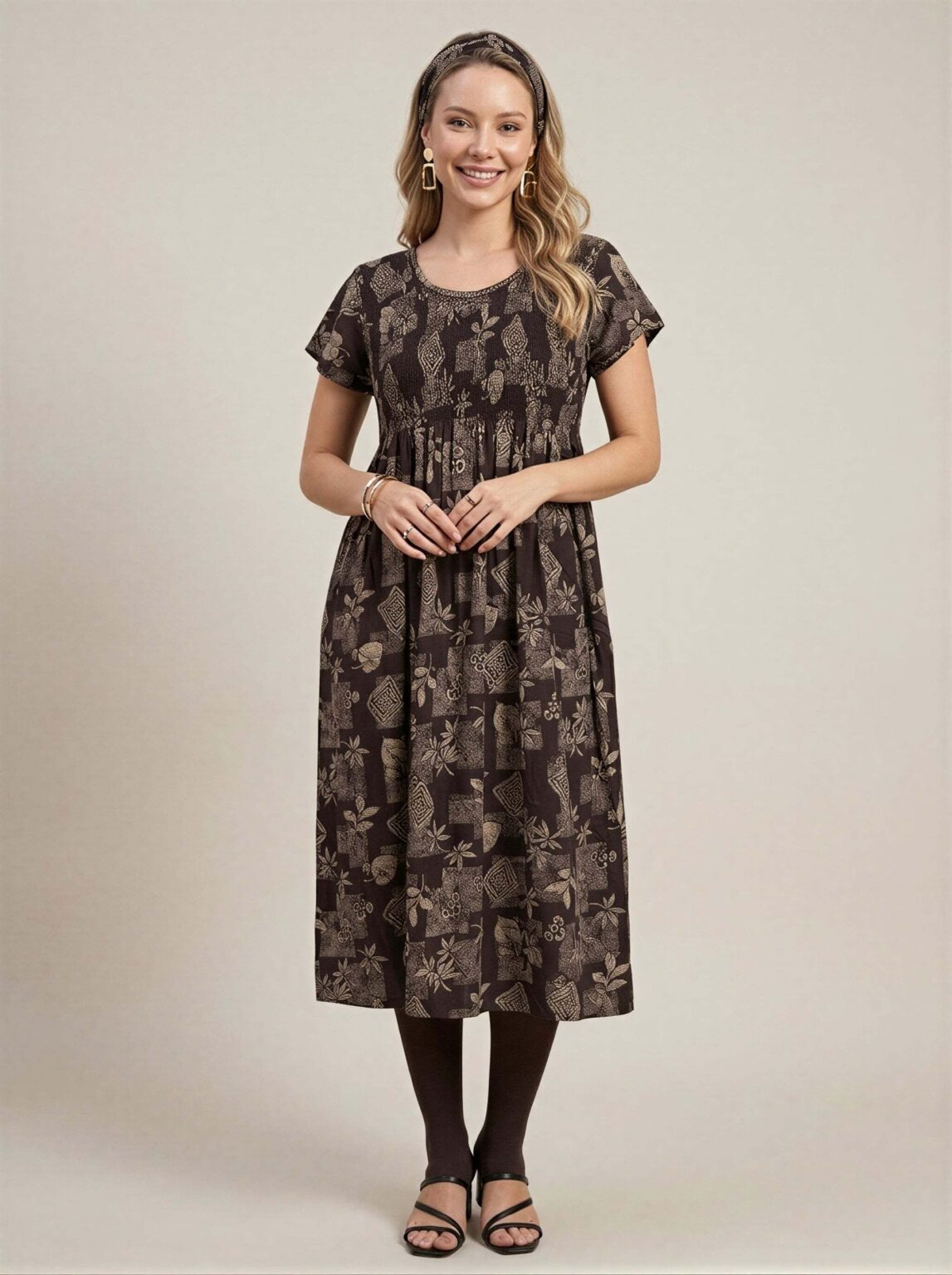 Marigold Smocked Midi Nighty in Roasted Cocoa, photo 1