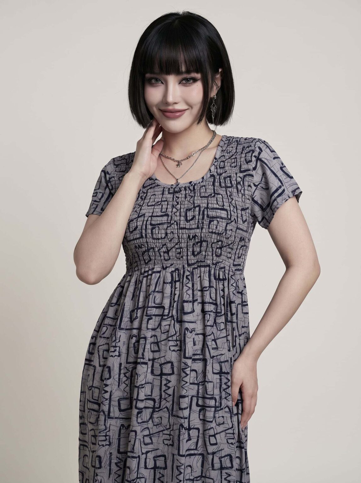 Mosaic Smocked Nighty in Storm Slate, photo 1