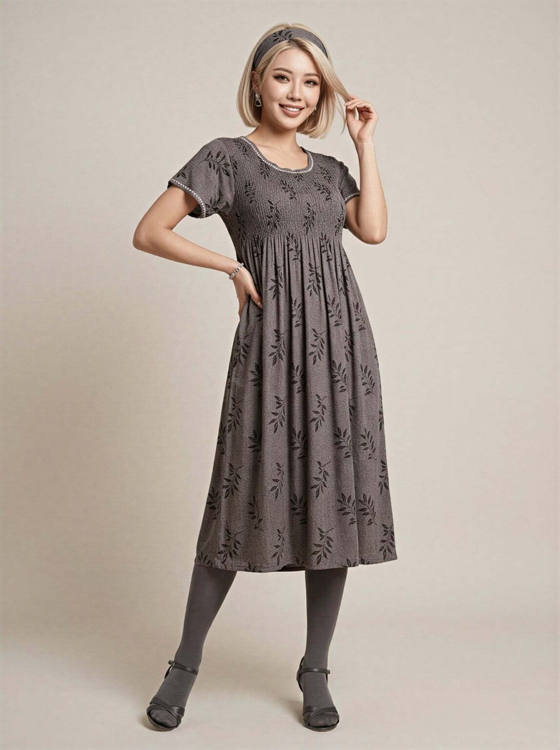 Primrose Smocked Midi Nighty in Mushroom Taupe, photo 1