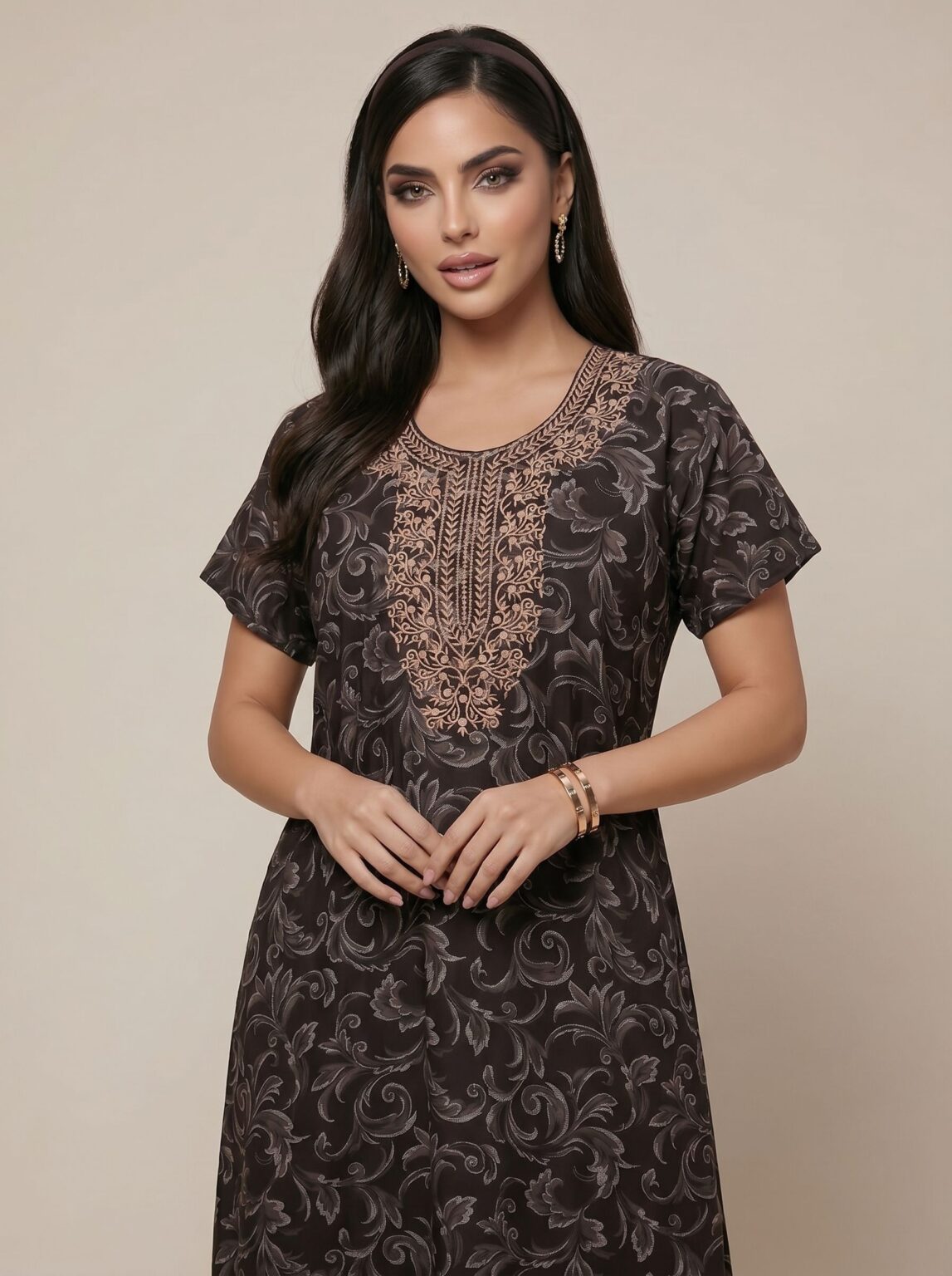 Scroll Bel Embroidered Zip Nighty in Moonlit Black, photo 1