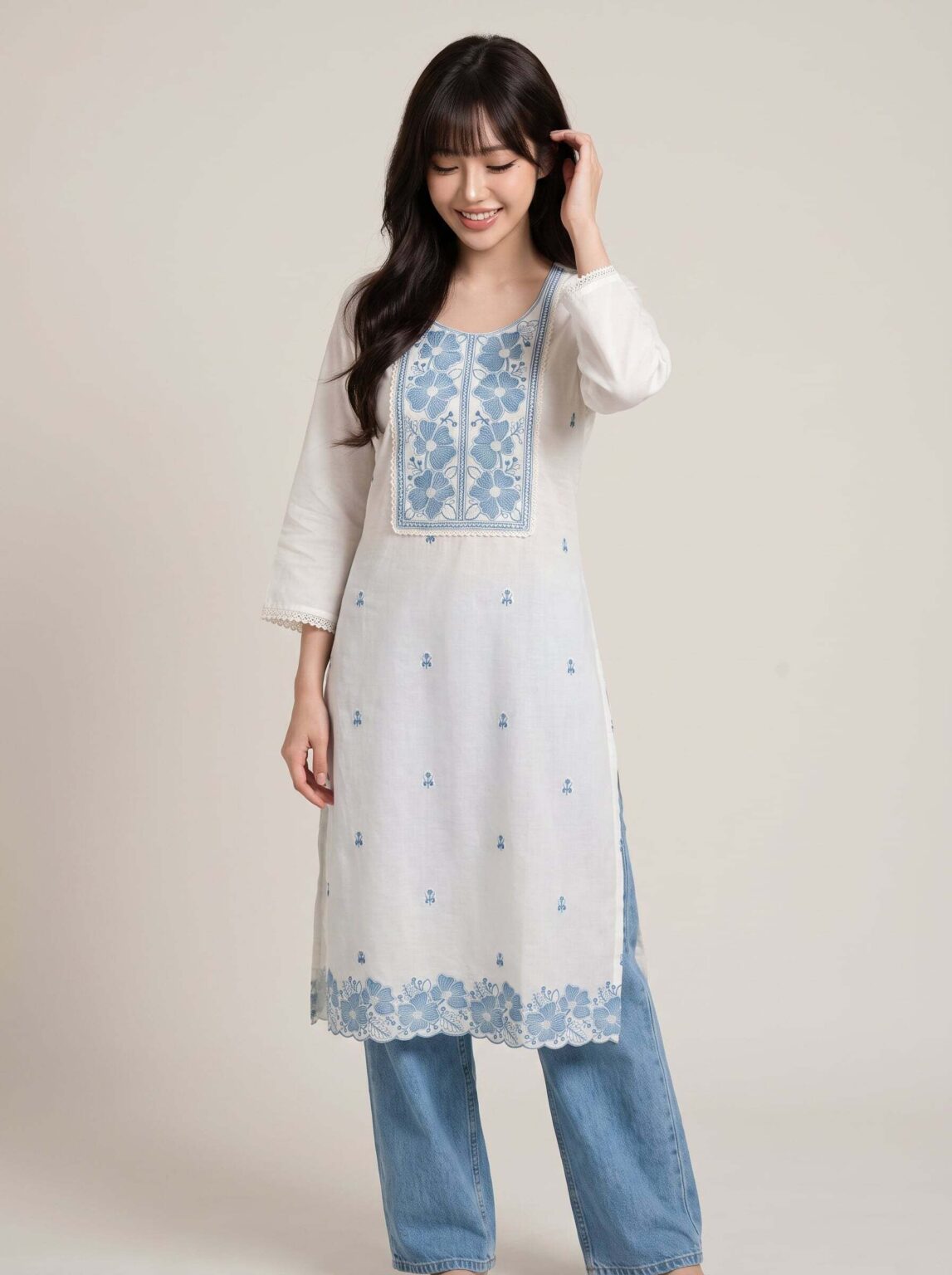 Tuberose Embroidered Cotton Silk Top Piece in Ivory & Blue, photo 1